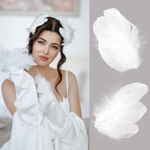 2 Pcs White Feather Hair Clips for Women Pearl Artificial Swan Ostrich Feather Hair Pins Ballet Style Hair Barrettes Accessories for Halloween Bride Wedding Birthday Stage Performance Headpiece