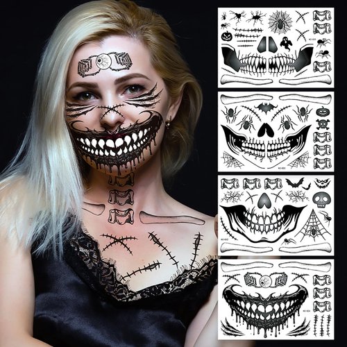 Halloween Temporary Horror Scary Mouth Zombie Skull Black Tattoo Stickers Women Adults Makeup Face Decorations Accessories Masquerade Party Props 4 sheets