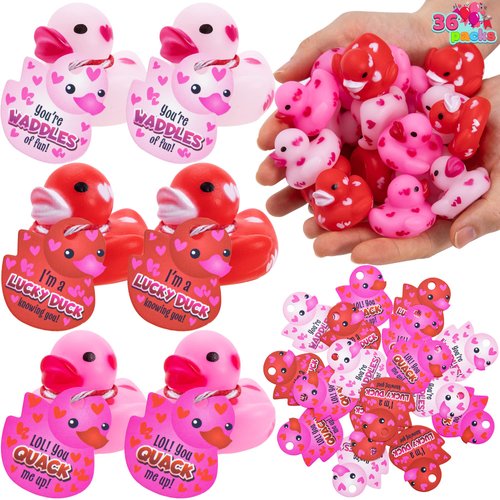 JOYIN 36 Pcs Valentine’s Day 1.1 Inches Mini Rubber Duck with Gift Cards, Small Rubber Duckies with Duck Card Tags, Rubber Duck Bath Toys for Classroom Exchange Prizes, Valentine Party Favors Toys