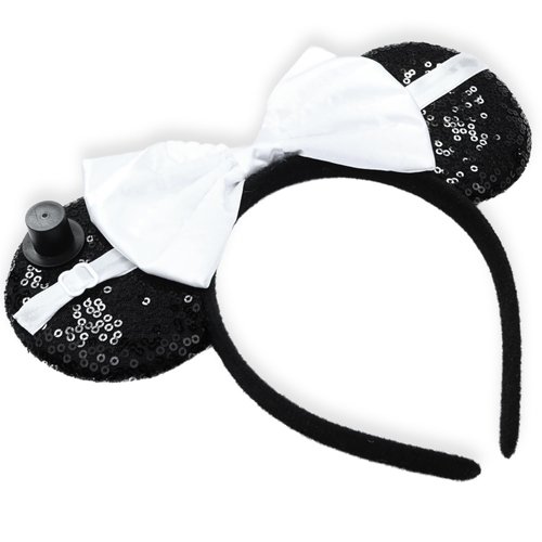 Needzo Black Tie Groom Mouse Ears Headband, Sparkly with Top Hat Accessory and White Bow, One Size
