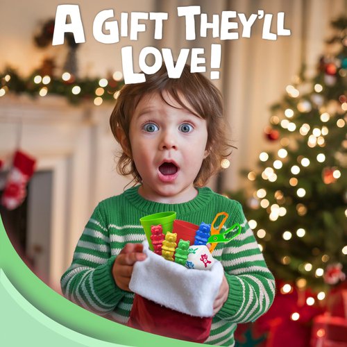 Skoolzy Rainbow Stacking Bears with Matching Sorting Cups 69 Piece Set, 60 Bear counters, Scissor Tongs, Rainbow Cups, Storage Bag, Sorting dice Game