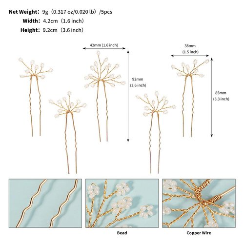 5 Pieces U Shape Wedding Hair Pins for Bridesmaid Beads Wedding Hairpins Bridal Hair Clips for Bride Women and Girls Hair Accessories