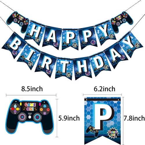 BIEUFBJI Video Game Happy Birthday Banner (Blue) Gaming Birthday Party Decorations for Kids Player Gaming Themed Party Decorations Assembled