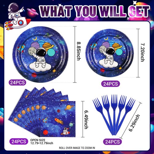 SCIONE 96 Pcs Space Theme Birthday Party Decorations Supplies Galaxy Party Tableware Set Solar System Party Plates Napkins Forks Paper Plate for 24 Guests Kids Party Favors