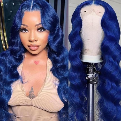 Long 32 Inch Blue Lace Front Wigs Human Hair Body Wave Royal Blue 13x4 HD Lace Frontal Wig Wear and Go Glueless Dark Blue Wigs Human Hair Pre Plucked With Baby Hair Navy Blue Wigs For Black Women