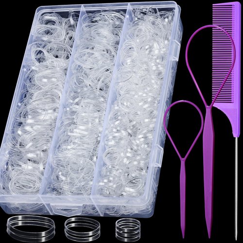 YGDZ Clear Elastics Hair Ties, 2000 PCS Rubber Bands for Hair with Organizer Box, Assorted Colors, Hair Accessories for Girls, Women, Kids, Toddlers, 3 Sizes, Includes 2 Hair Tools and 1 Rat Tail Comb