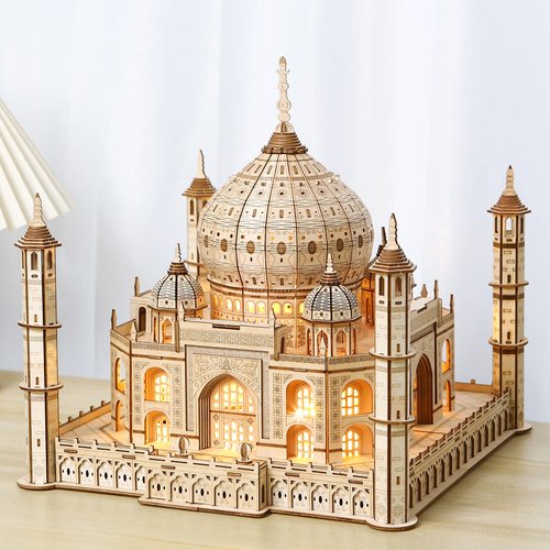 UGUTER 3D Wooden Puzzle Architecture Building Taj Mahal Model Craft STEM Kit LED Light DIY Home Decoration Mother's Day Birthday Gift for Adults & Kids (Taj Mahal)