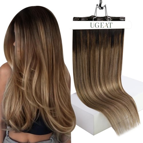 Ugeat Ombre Clip in Hair Extensions Human Hair Clip in Extensions Balayage Dark Brown to Chestnut Brown Mix Warm Light Brown Ombre Hair Extensions 16 Inch 7pcs 120g(105g Hair + 15g Clips)