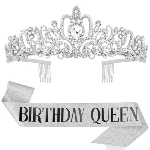 Araluky Sliver Sash Rhinestone Tiara Set for women ,HAPPY Birthday Queen Sash Quinceanera Party Supplies Birthday Gifts for Girl with Fun Party with Sliver Black Lettering