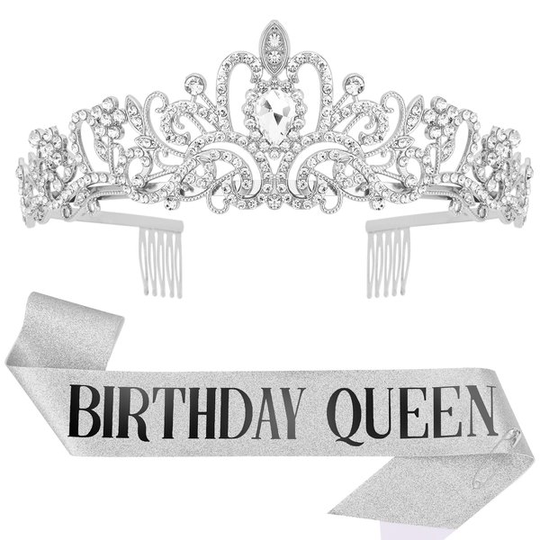 Araluky Sliver Sash Rhinestone Tiara Set for women ,HAPPY Birthday Queen Sash Quinceanera Party Supplies Birthday Gifts for Girl with Fun Party with Sliver Black Lettering