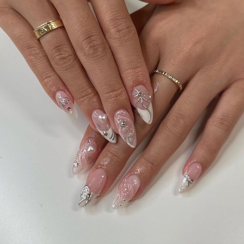 BABALAL Medium Almond Press on Nails White French Tip Fake Nails Sliver Bow Glue ons Nails 3D Water Ripple Design Acrylic Nails 24Pcs Y2k Star Stiletto False Nails with Design