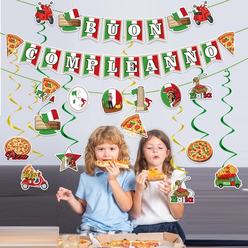 Italian Party Decorations - Buon Compleanno Banner with Hanging Swirls Pizza Party Decorations Italian Decor for Birthday Pizza Party Pizza Time Pizza Game