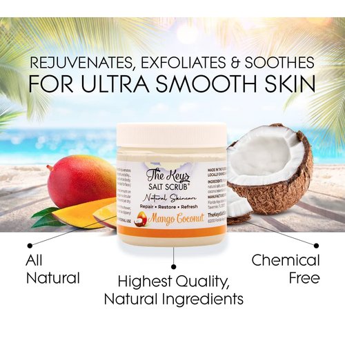 The Keys Salt Scrub - Exfoliating Body Scrub - Made with Pure Florida Sea Salt Organic Essentials and Oils - scrub for hands, feet, butt, booty, bikini area (Mango Coconut, Travel Size, 3 pack 3.4 oz)