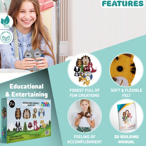 MOMOTOYS Sewing Kit for Kids, Fun & Educational Woodland Animals Sew Craft Set for Boys and Girls Ages 8-12, Complete Beginner Sewing Kit with Felt Plushie for Creative DIY Projects