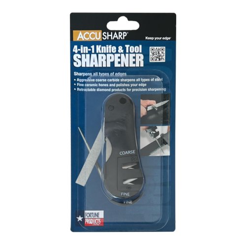 AccuSharp 4-in-1 Multi-tool Knife Sharpener - Coarse Tungsten Carbide Sharpening Blades & Ceramic Rods with Retractable Diamond-Tapered Rod - Fish Hook, Serrated Knife, Hunting Knife Sharpener - Black