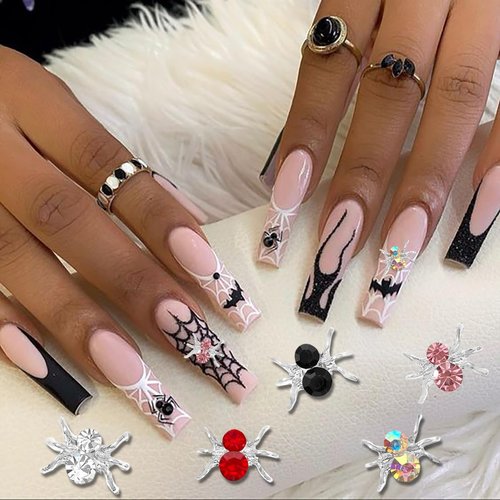 36Pcs Halloween Nail Charms 3D Spider Nail Art Charms Shiny Alloy Spider Nail Rhinestones Gold Silver Red Black Halloween Nail Jewelry Crystal Colorful Spider Nail Gems for Acrylic Nail Supplies Decor