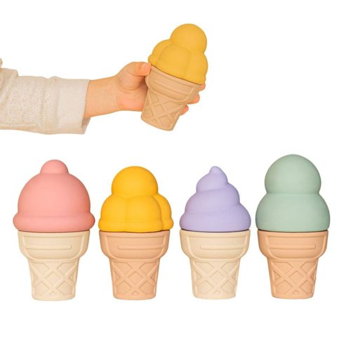 RayPlay 4 PCS Silicone Cone Ice Cream Toy Set for Toddlers Ages 1-3 - Pretend Play ice Cream Toys for Kids, Improve Fine Motor Skills with Multicolored Ice Cream Set for Kids