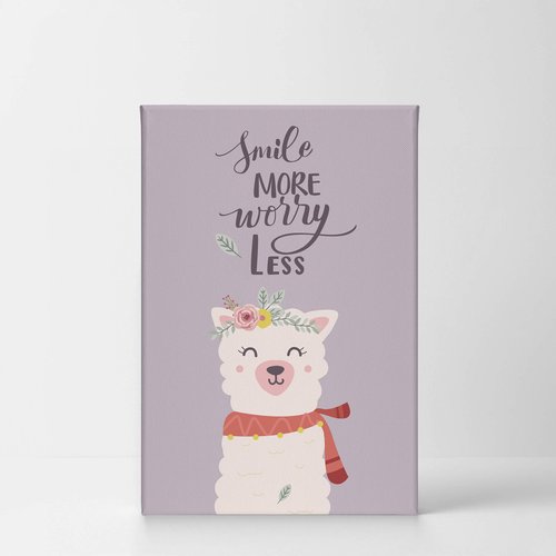 Smile Art Design Smile More Worry Less Cute Alpaca Purple Background Canvas Print Kids Room Decor Wall Art Baby Room Decor Kids Room Decor Nursery Decor Ready to Hang Made in The USA 28x19