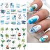 12 Sheets Beach Nail Art Stickers Summer Nail Decals Water Transfer Green Palm Nail Supplies Sunshine Beach Sea Wave Design Cool Summer Day Nail Decoration for Women Girls
