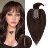 Rich Choices 120% Density Silk Base Top Hairpiece 100% Human Hair Clip In On Hair Topper With Bangs Hand-made Top Hair Piece Middle Part With Thinning Hair #2 Dark Brown 16'' 48g
