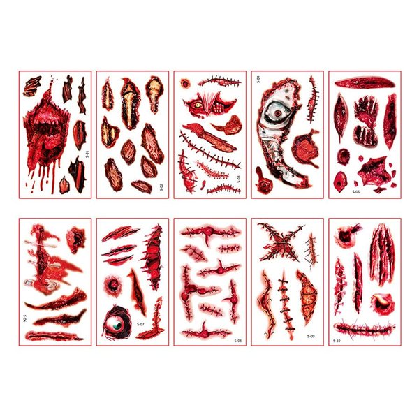 10 Sheets 3D Halloween Realistic Scar Tattoo Sticker, Zombie Scar Tattoos Fake Scars Bloody Costume Makeup Halloween Decoration Horror Wound Scary Blood Injury Sticke