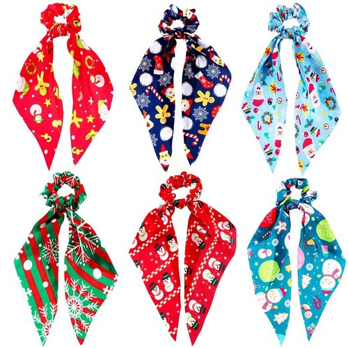 Jewemia Boho Hair Scarf Scrunchies for Women Bow Hair Ties Floral Hair Scrunchies Silk Elastic Ponytail Holder Hair Accessories for Girls 4 pcs (Christmas-1)