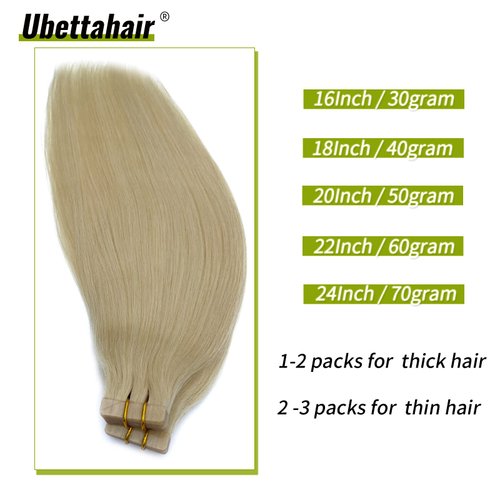 Tape in Hair Extensions Remy Human Hair Platinum Blonde Real Hair 16 inch 20pcs/30grams Seamless Skin Weft Silk Straight Double Sided Tape in Remy Hair (16 inches, 60)