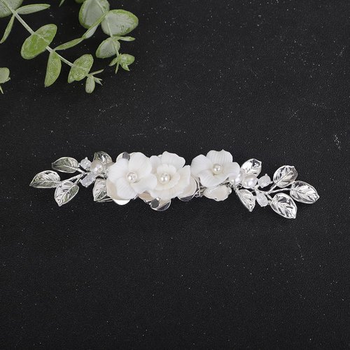 Teyglen Flower Bridal Hair Clips White Flower Wedding Hair Barrette Gold Silver Leaf Flower Headpiece Floral Hair Accessories for Women Girls Party Prom (Silver)