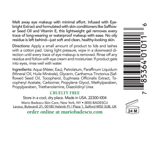 Mario Badescu Eye Makeup Remover Gel Ideal for Combination or Oily Skin Lightweight, Non-Greasy Waterproof Eye Make Up Cleanser Formulated with Safflower Seed Oil, 2 Fl Oz