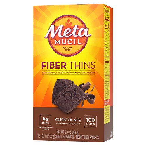 Metamucil Fiber Thins, Psyllium Husk Fiber Supplement, Digestive Health Support and Satisfy Hunger, Chocolate Flavored, 12 Servings