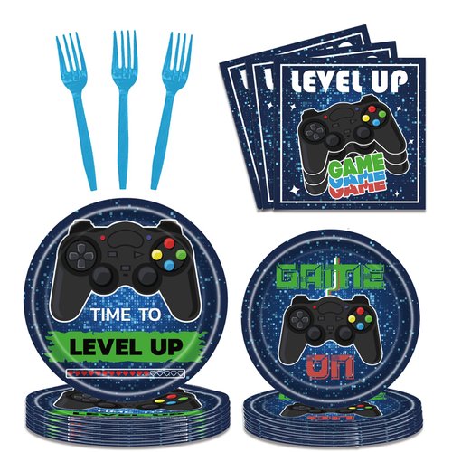 96 PCS Video Game Party Supplies Tableware Set Gaming Birthday Party Decorations Game On Party Plates Napkins Forks for Kids Adults Serves 24 Guests