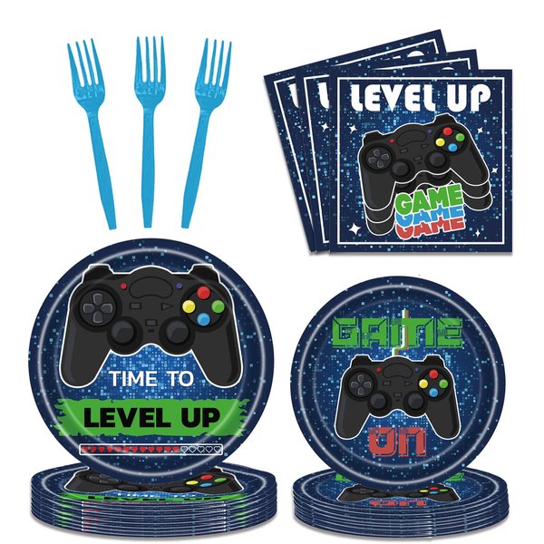 96 PCS Video Game Party Supplies Tableware Set Gaming Birthday Party Decorations Game On Party Plates Napkins Forks for Kids Adults Serves 24 Guests