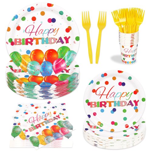120 Pcs Happy Birthday Decorations Happy Birthday Party Plates and Napkins Colorful Dots Disposable Dinner Tableware Set With Plates Napkins Cups Fork for Kids Party Supplies Serves 24 Guests