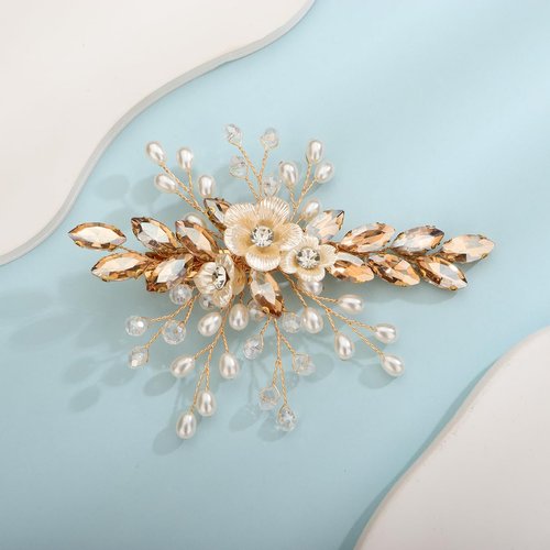 Xerling Champagne Rhinestones Crystal Flower Hair Barrettes Clip Boho Bridal Pearl Hair Jewelry Accessories for Women Wedding Floral Headpieces (Champagne)