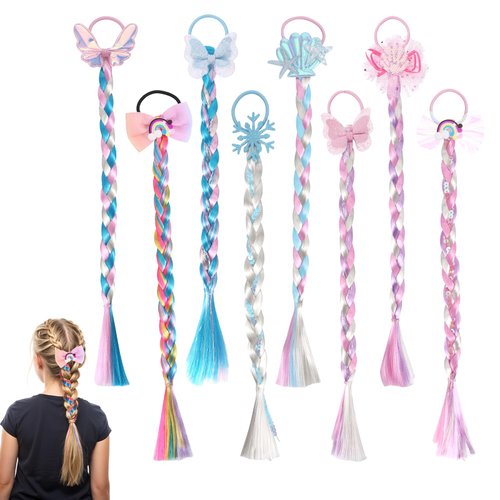 TIESOME Colored Braids Hair Extensions, 8 PCS Rainbow Braided Hairpieces with Rubber Bands Cute Braided Bows Ponytail Hairpiece Hair Accessories for Girls Gift Birthday Party Cosplay Daily Dress Up