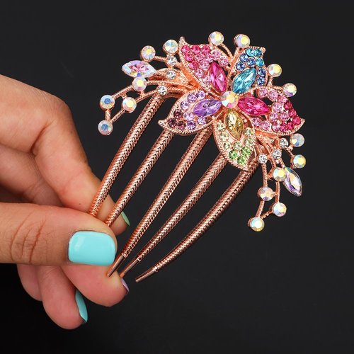 Chargances Gorgeous Colorful Crystal Hair Comb Bridal Wedding Flower Rhinestone Gem Side Comb with Long Teeth Decorative Fashion Hair Accessories for Women and Girls (Colorful)