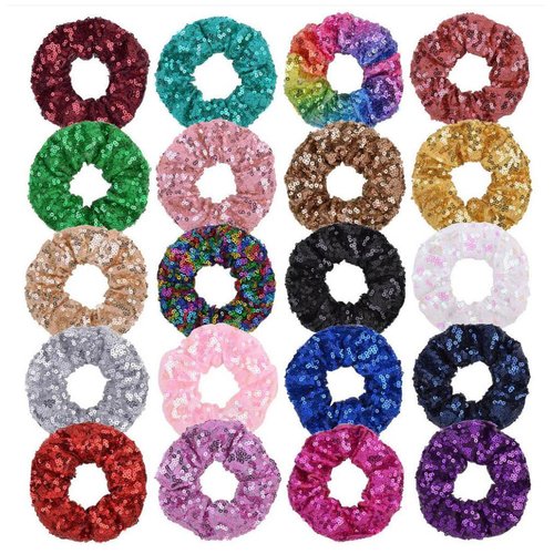 FZBNSRKO 20 Pack Silk Hair Scrunchies,Satin Hair Scrunchies for Girls Sequin Decoration Elastic Bands Ponytail Holder for Women or Girls Hair Accessories(Random Color)