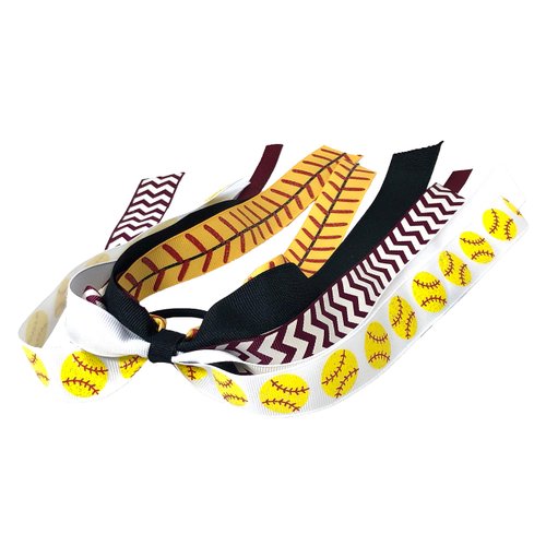 Glitter Softball Hair Ribbons for Girls, Burgundy Black & White on Ponytail Elastic Holder Band