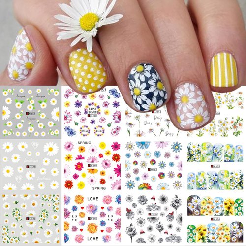 12Pcs Daisy Nail Water Stickers Decals Flower Nail Art Stickers Foil DIY Colorful Floral Transfer Nail Stickers Slider with Spring Summer Sunflower Nail Decals Watermark Nail Art Supplies Decoration
