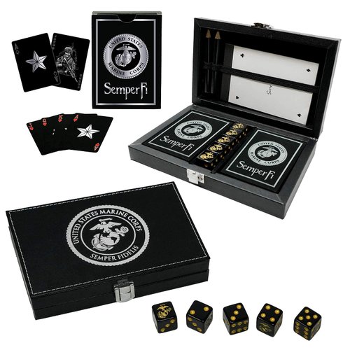 Marine Corps Playing Cards and Dice Set – Black Leather Keepsake Box, Playing Cards with USMC Rank Insignia, EGA Dice