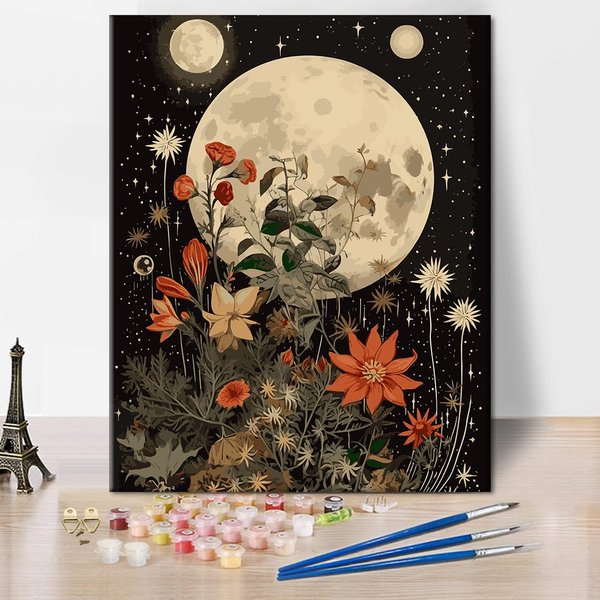 Paint by Number Flower Moon Adult Paint by Number Black Background Paint by Numbers Beginner Easy Painting by Number Retro Style Paint by Number to Family Friend Gift for Living Room Decor 16x20 in