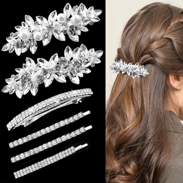 6 Pieces Crystal Bridal Hair Clips Rhinestone Leaf Barrette Shiny Wedding Hair Pins Bobby Pins Elegant Jewelry Barrette for Women Girls Brides Bridesmaids Flower Girls