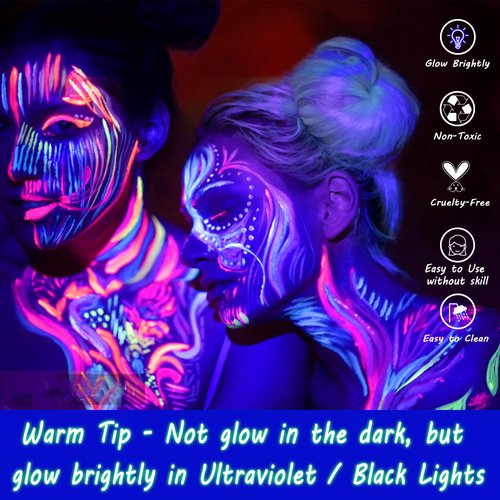 8 Neon Face Paint, Glow in The UV Blacklight Body Paint, Water Based Fluorescent Face Painting Kit Palette, Water Activated Eyeliner Makeup, Washable for Kids Adult Halloween Masquerades Club