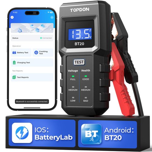 12V Car Battery Tester, TOPDON BT20 Battery Load Tester 100-2000CCA, Cranking&Charging Test via App, Record Voltage History, Automotive Battery Analyzer&Checker for Car Truck SUV Boat