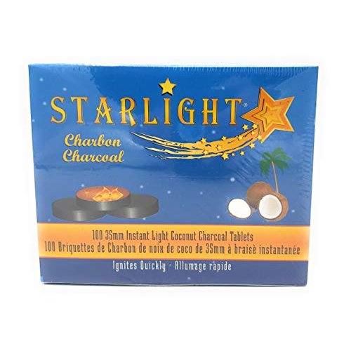 Starlight Coconut Instant Hookah Coals - 100 Charcoals Per Box, 10 Rolls of 10 Tablets Each Roll, 100 Quick Light Charcoal Briquettes, Easy Lighting, Size 35mm- Perfect for Your Hookah Set