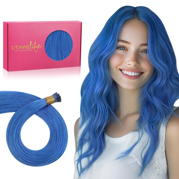 WENNALIFE I Tip Hair Extensions Human Hair, 50g 100s 14 Inch Blue Remy Itip Human Hair Extensions Invisible Itips Straight I Tips Fusion Extensions Real Human Hair