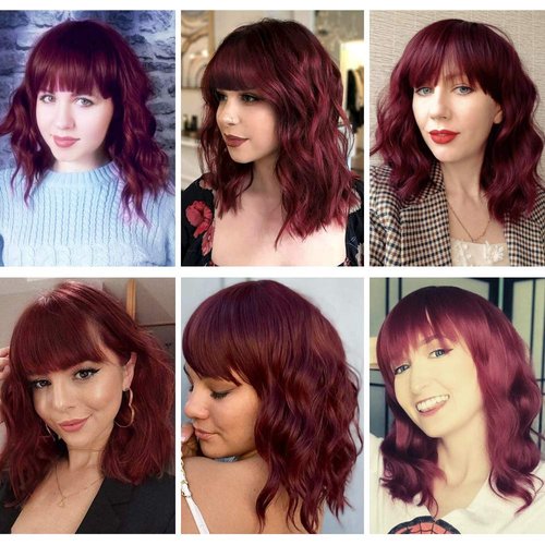 morvally Short Wine Red Wavy Bob Wig with Bangs for Women 16 Inches Natural Synthetic Burgundy Hair Wavy Wigs