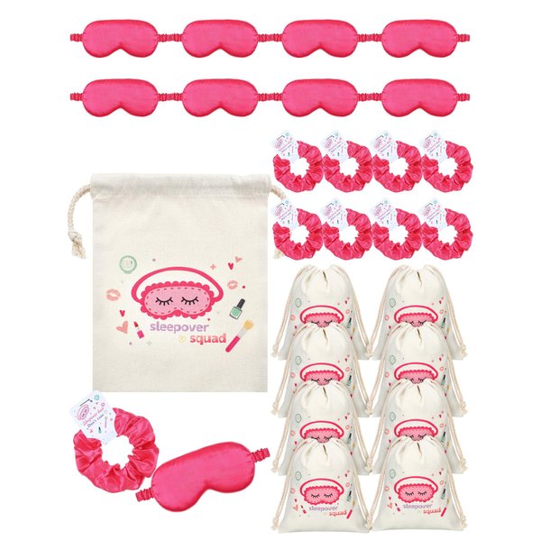 Bunnycool 24 Pcs Sleepover Party Supplies Birthday Party Favor with Satin Eye Mask Satin Hair Scrunchies(Rose Red)