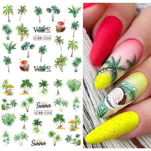 Summer Nail Art Stickers Water Transfer Summer Nail Decals for Nails Art Supplies Coconut Tree Ocean Beach Tropical Style Design Acrylic Nail Stickers for Women DIY Nail Art Accessories 12 Sheets