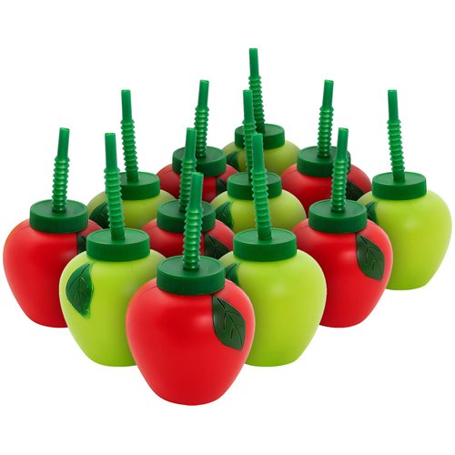 Fun Express Apple-Shaped Cups with Lids & Straws – 14 oz, Green & Red, BPA-Free – 12 Count Reusable Party Supplies